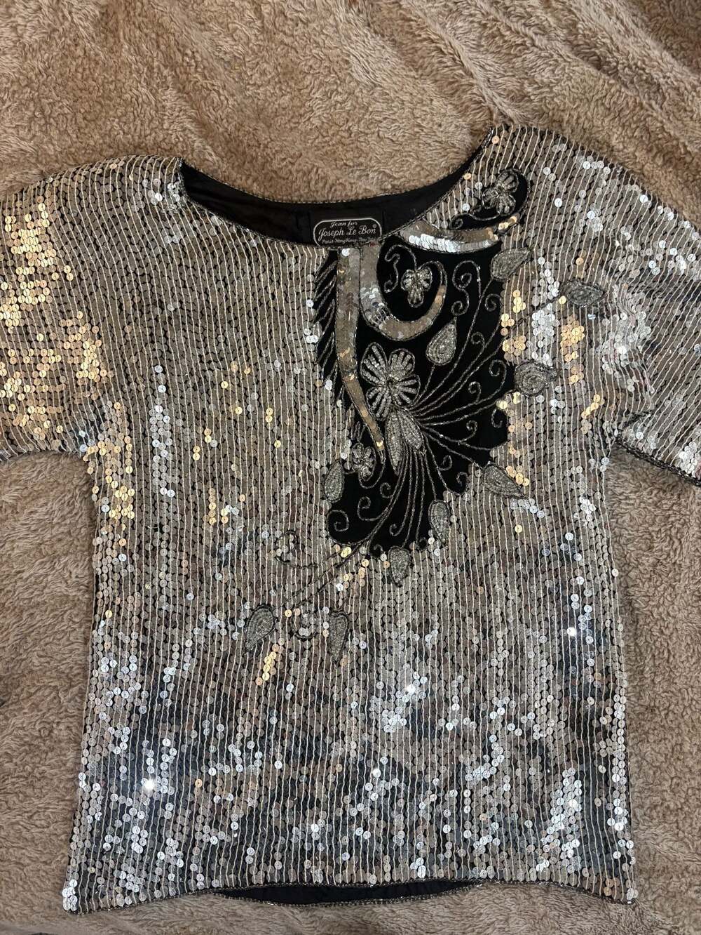 Vintage Jean for Joseph Le Bon Silver and Black Sequin Beaded Short Sleeve Silk